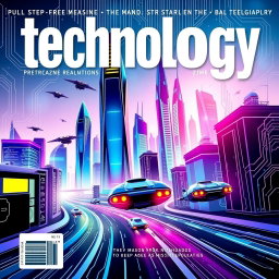 A visually striking front cover page design for a technology magazine, featuring a futuristic cityscape with sleek skyscrapers, neon lights, and flying vehicles