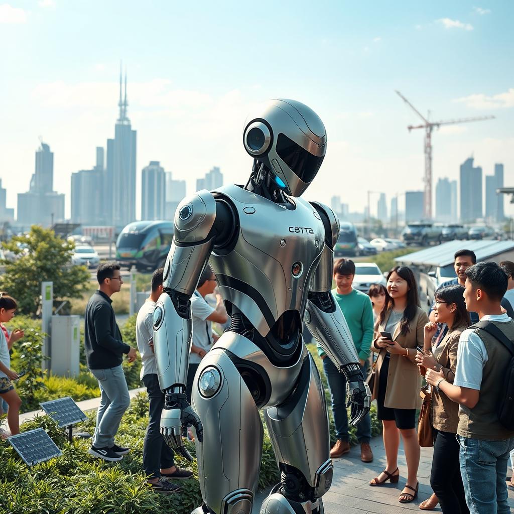 A futuristic robotics project showcasing a sleek humanoid robot designed for urban assistance