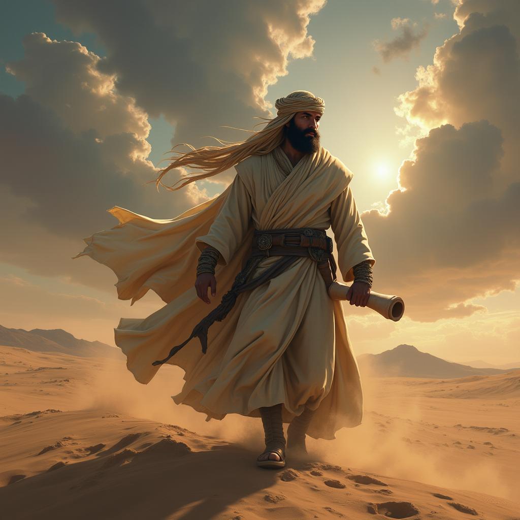 A fictional and artistic representation of a prominent, bearded figure in a desert setting, with a dramatic sky in the background, symbolizing conflict and intrigue