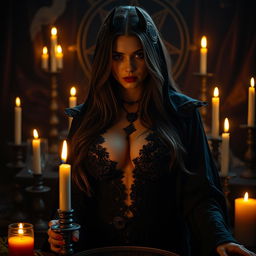 A striking scene featuring a priestess with a large décolleté dressed in intricate dark ceremonial robes, surrounded by an atmospheric backdrop of flickering candles and occult symbols