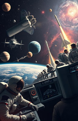 An expansive, cinematic portrayal of human spaceflight history, showcasing iconic spacecraft such as the Apollo lunar module, Space Shuttle, and modern rockets like SpaceX's Falcon 9