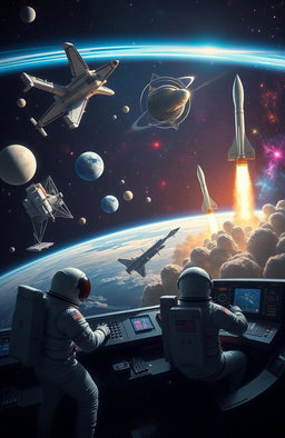 An expansive, cinematic portrayal of human spaceflight history, showcasing iconic spacecraft such as the Apollo lunar module, Space Shuttle, and modern rockets like SpaceX's Falcon 9