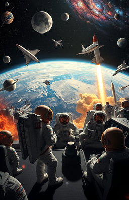 An expansive, cinematic portrayal of human spaceflight history, showcasing iconic spacecraft such as the Apollo lunar module, Space Shuttle, and modern rockets like SpaceX's Falcon 9