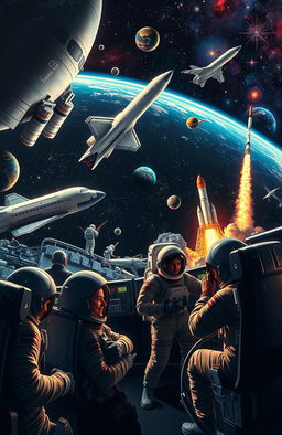 An expansive, cinematic portrayal of human spaceflight history, showcasing iconic spacecraft such as the Apollo lunar module, Space Shuttle, and modern rockets like SpaceX's Falcon 9
