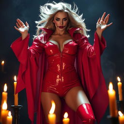 A striking priestess, dressed in a bright red PVC outfit featuring a deep décolletage, passionately participating in a devil worship ceremony