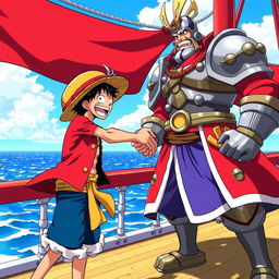 A dynamic and colorful scene from the anime One Piece, featuring a pirate character reaching out for a handshake with a tall man dressed in armor, emphasizing their camaraderie