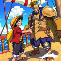 A dynamic and colorful scene from the anime One Piece, featuring a pirate character reaching out for a handshake with a tall man dressed in armor, emphasizing their camaraderie