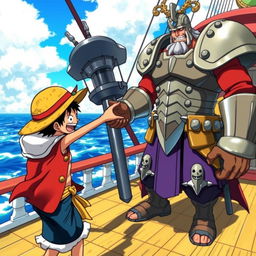 A dynamic and colorful scene from the anime One Piece, featuring a pirate character reaching out for a handshake with a tall man dressed in armor, emphasizing their camaraderie