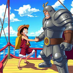 A dynamic and colorful scene from the anime One Piece, featuring a pirate character reaching out for a handshake with a tall man dressed in armor, emphasizing their camaraderie