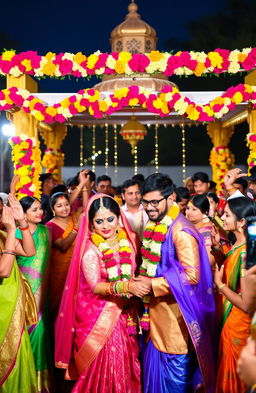 A beautiful and colorful depiction of an Indian wedding, showcasing traditional elements such as elaborate decorations, vibrant saris, and joyful guests