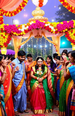 A beautiful and colorful depiction of an Indian wedding, showcasing traditional elements such as elaborate decorations, vibrant saris, and joyful guests