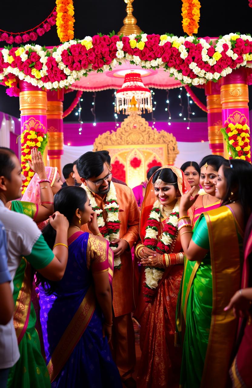 A beautiful and colorful depiction of an Indian wedding, showcasing traditional elements such as elaborate decorations, vibrant saris, and joyful guests
