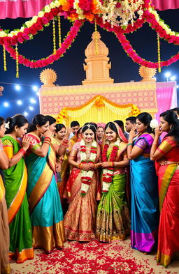 A beautiful and colorful depiction of an Indian wedding, showcasing traditional elements such as elaborate decorations, vibrant saris, and joyful guests