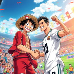 A dynamic and colorful scene depicting the character Luffy from One Piece enthusiastically shaking hands with Cristiano Ronaldo