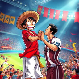 A dynamic and colorful scene depicting the character Luffy from One Piece enthusiastically shaking hands with Cristiano Ronaldo