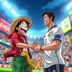 A dynamic and colorful scene depicting the character Luffy from One Piece enthusiastically shaking hands with Cristiano Ronaldo