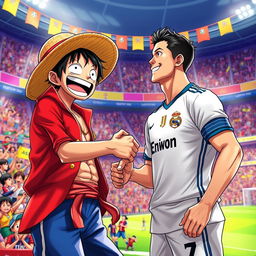 A dynamic and colorful scene depicting the character Luffy from One Piece enthusiastically shaking hands with Cristiano Ronaldo