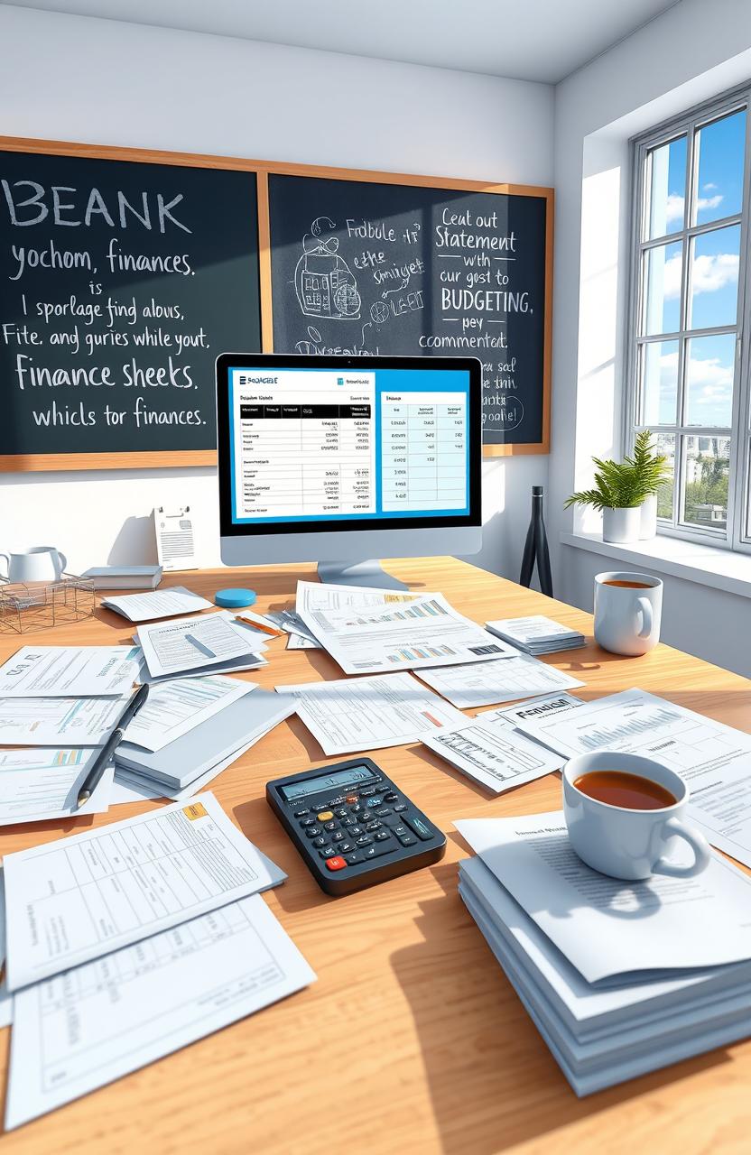 A detailed visualization of a bank reconciliation process, featuring a bright and organized office space with a large desk covered in financial documents, spreadsheets, and a calculator