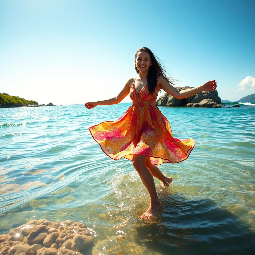 A vibrant scene of a young woman dancing joyfully in a shallow bay surrounded by lush greenery