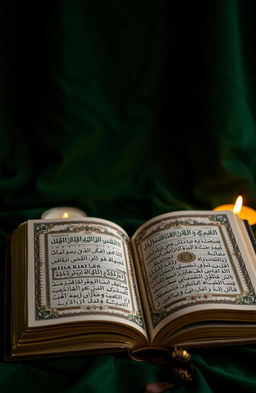 An ornate book opened to show detailed calligraphy and intricate geometric patterns, representing Islamic law