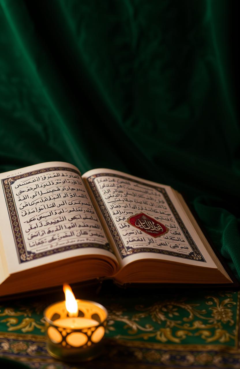 An ornate book opened to show detailed calligraphy and intricate geometric patterns, representing Islamic law