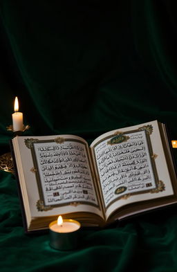 An ornate book opened to show detailed calligraphy and intricate geometric patterns, representing Islamic law