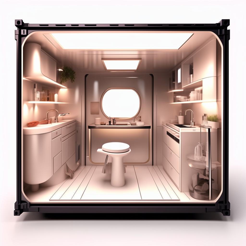 A blueprint for a 20'x8' vanity container for a celebrity, characterized by curved interiors and comprising a bathroom, kitchenette, seating and resting areas, as well as a dedicated make-up section.