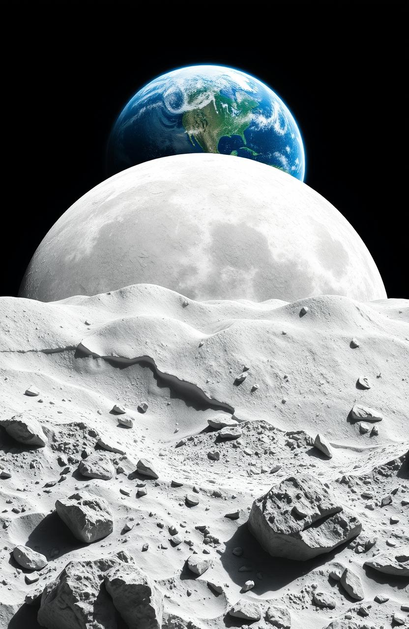 A stunning book cover featuring a detailed lunar landscape with craters, rocks, and a strong emphasis on the white color palette
