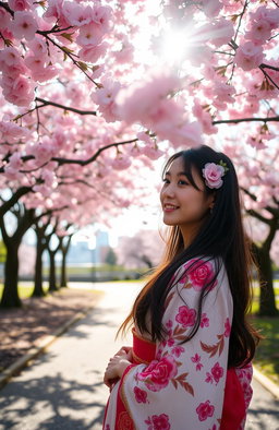A young woman standing beneath vibrant pink cherry blossom trees in Osaka, Japan, wearing a traditional kimono with intricate floral patterns