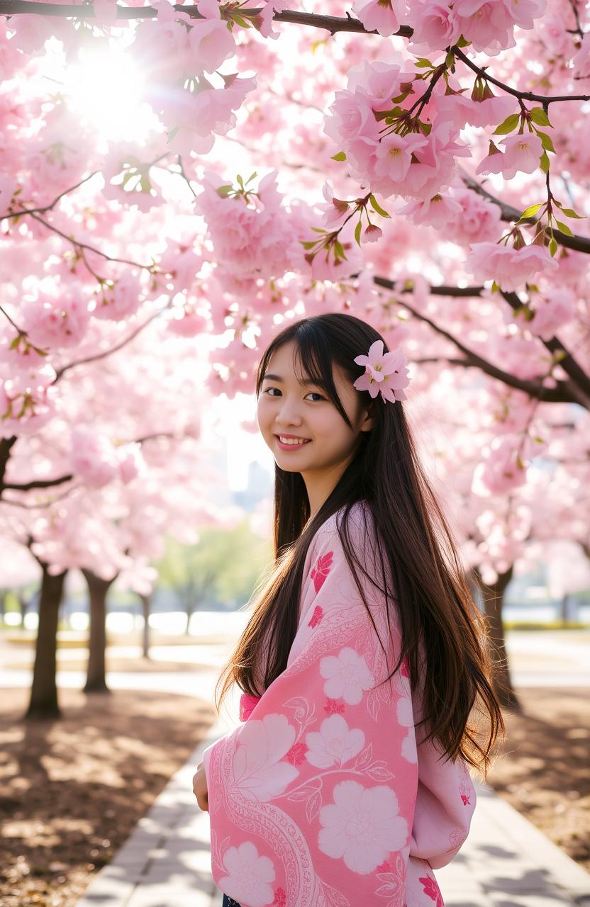 A young woman standing beneath vibrant pink cherry blossom trees in Osaka, Japan, wearing a traditional kimono with intricate floral patterns