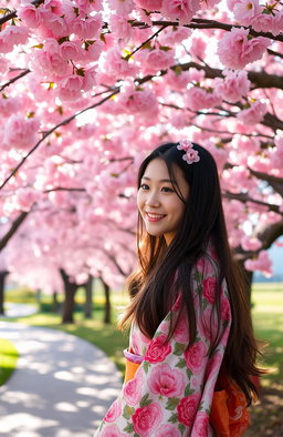 A young woman standing beneath vibrant pink cherry blossom trees in Osaka, Japan, wearing a traditional kimono with intricate floral patterns