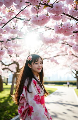 A young woman standing beneath vibrant pink cherry blossom trees in Osaka, Japan, wearing a traditional kimono with intricate floral patterns
