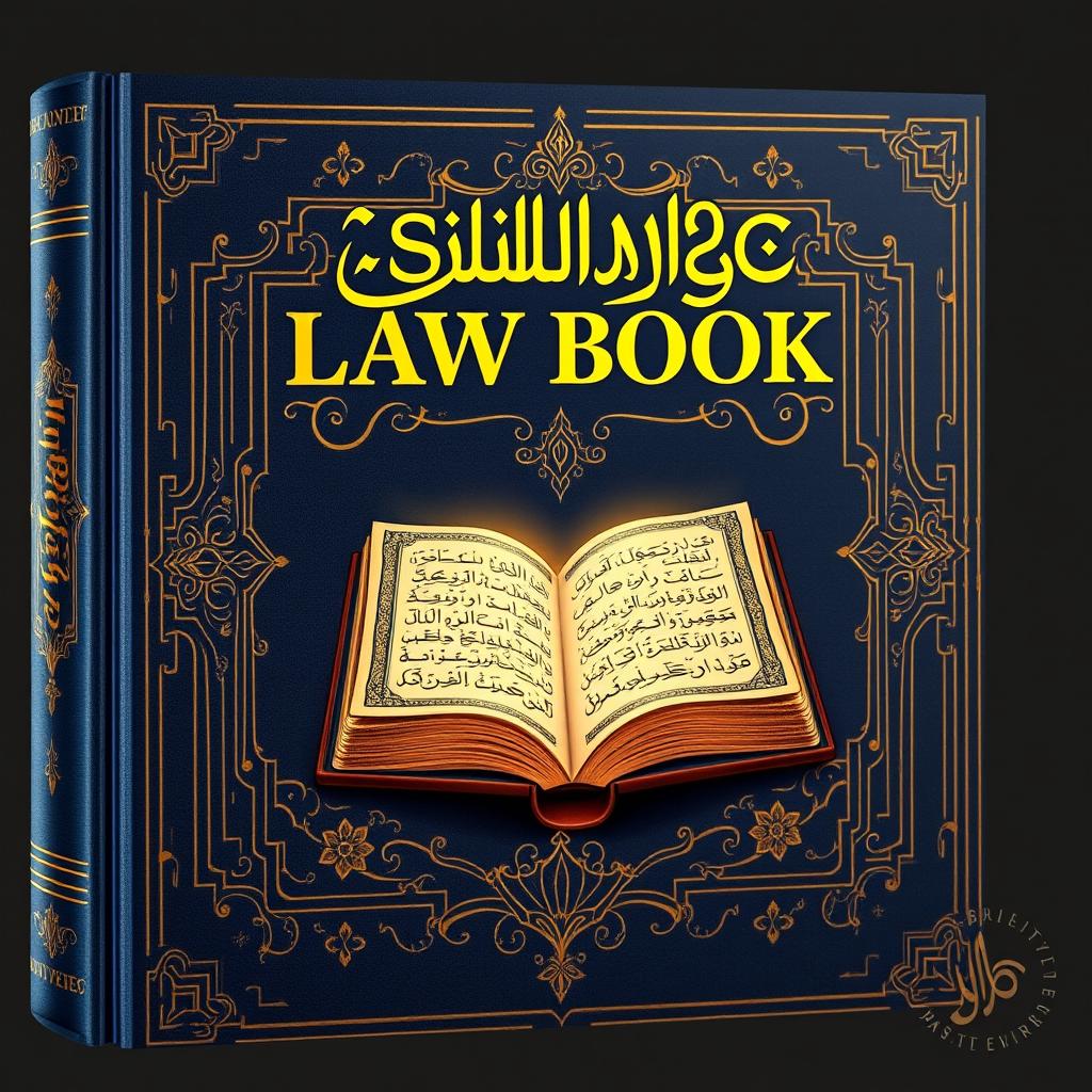 A captivating book cover design featuring an ornate depiction of an ancient Islamic law book