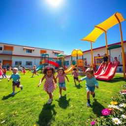 A vibrant school playground filled with children playing joyfully