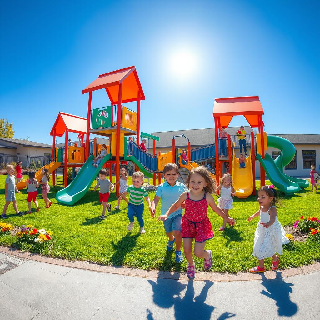 A vibrant school playground filled with children playing joyfully