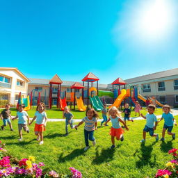 A vibrant school playground filled with children playing joyfully