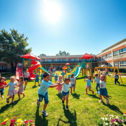 A vibrant school playground filled with children playing joyfully