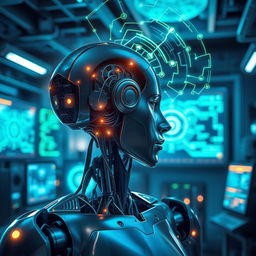 An advanced AI model visualized as a futuristic robot, displaying intricate circuitry and glowing elements, engaged in a thought process which appears as swirling data streams around its head