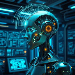 An advanced AI model visualized as a futuristic robot, displaying intricate circuitry and glowing elements, engaged in a thought process which appears as swirling data streams around its head