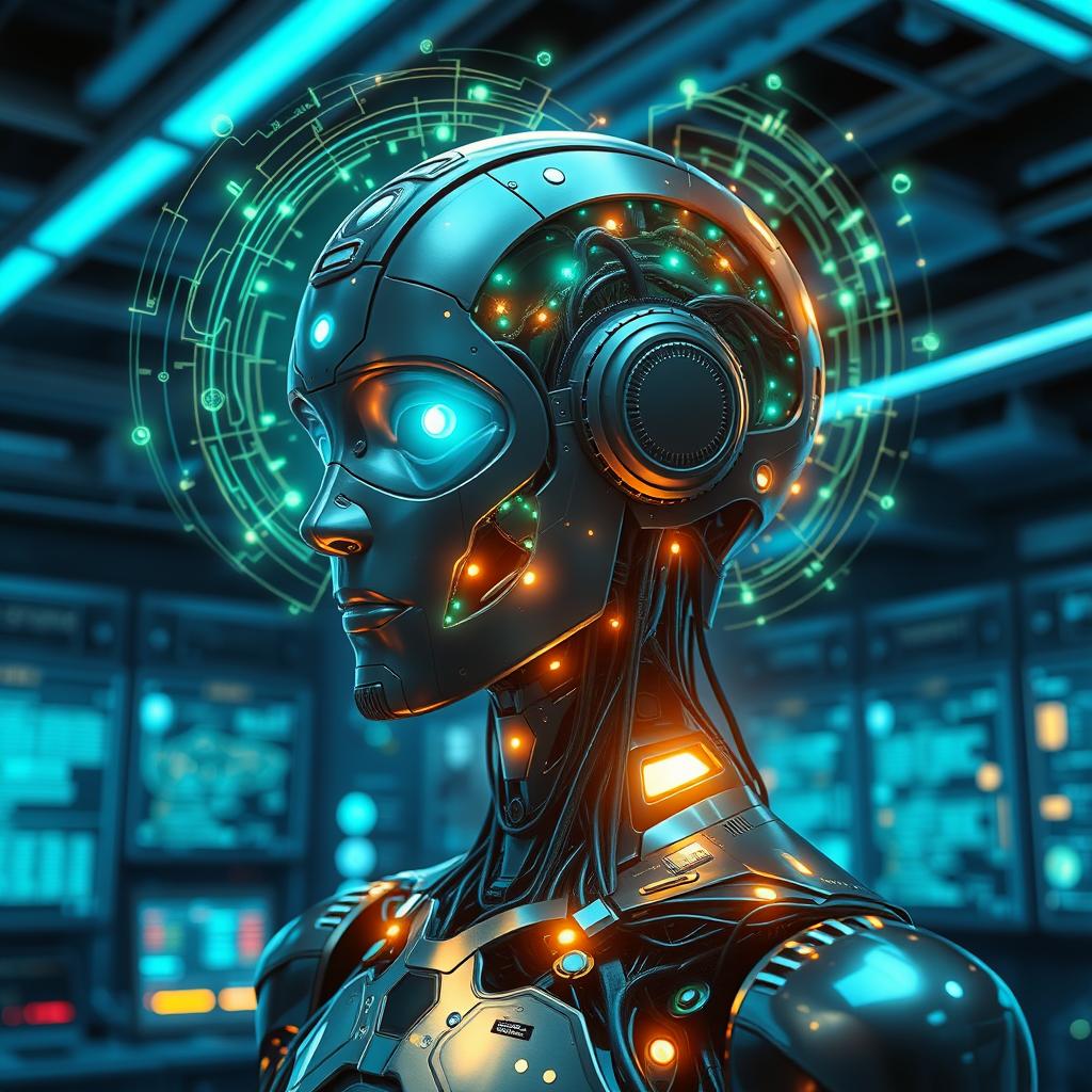 An advanced AI model visualized as a futuristic robot, displaying intricate circuitry and glowing elements, engaged in a thought process which appears as swirling data streams around its head