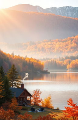 A serene autumn landscape featuring a tranquil lake surrounded by colorful fall foliage in shades of orange, red, and yellow