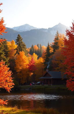 A serene autumn landscape featuring a tranquil lake surrounded by colorful fall foliage in shades of orange, red, and yellow