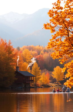 A serene autumn landscape featuring a tranquil lake surrounded by colorful fall foliage in shades of orange, red, and yellow