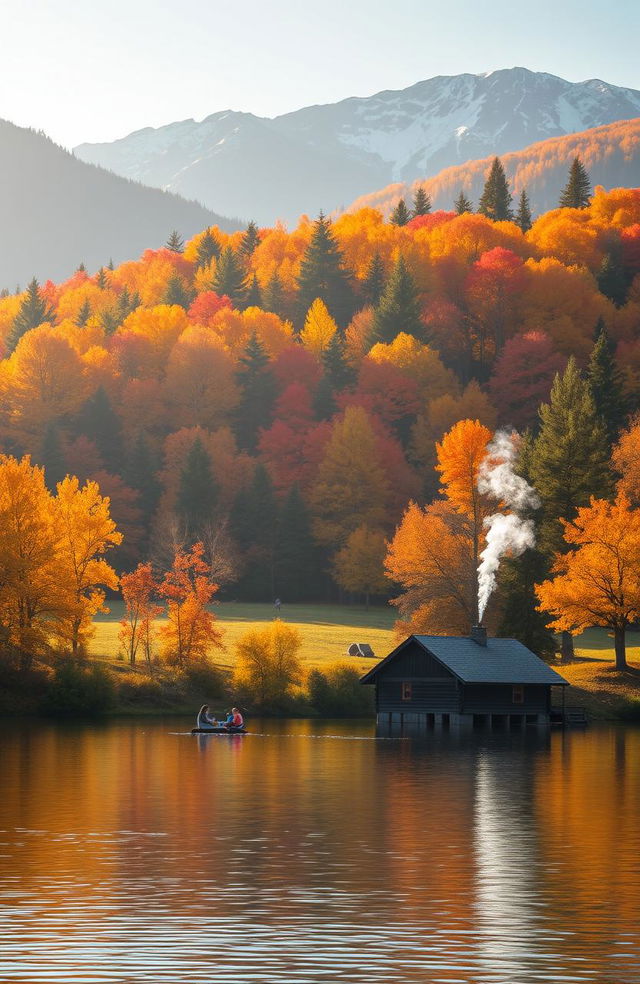 A serene autumn landscape featuring a tranquil lake surrounded by colorful fall foliage in shades of orange, red, and yellow