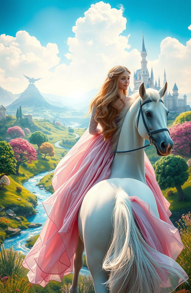 A captivating book cover featuring a 16-year-old princess riding a beautiful white horse through an enchanted kingdom