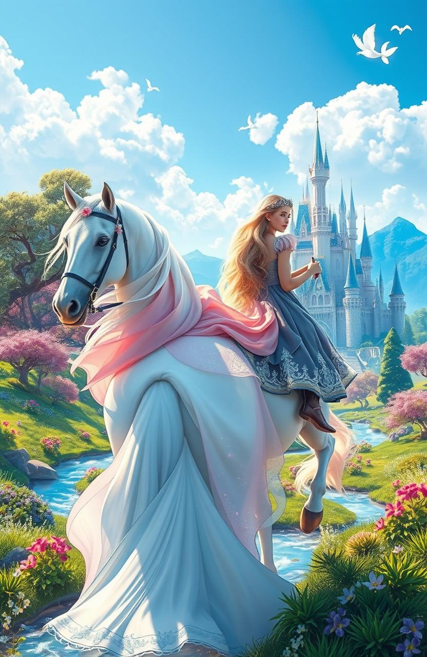 A captivating book cover featuring a 16-year-old princess riding a beautiful white horse through an enchanted kingdom