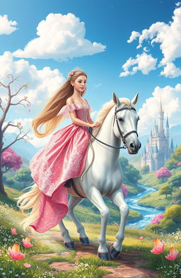 A captivating book cover featuring a 16-year-old princess riding a beautiful white horse through an enchanted kingdom