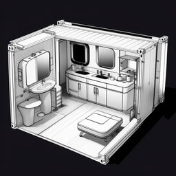 A blueprint for a 20'x8' vanity container for a celebrity, characterized by curved interiors and comprising a bathroom, kitchenette, seating and resting areas, as well as a dedicated make-up section.