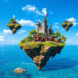 Floating islands in a bright blue sky, each island adorned with lush greenery and colorful flowers