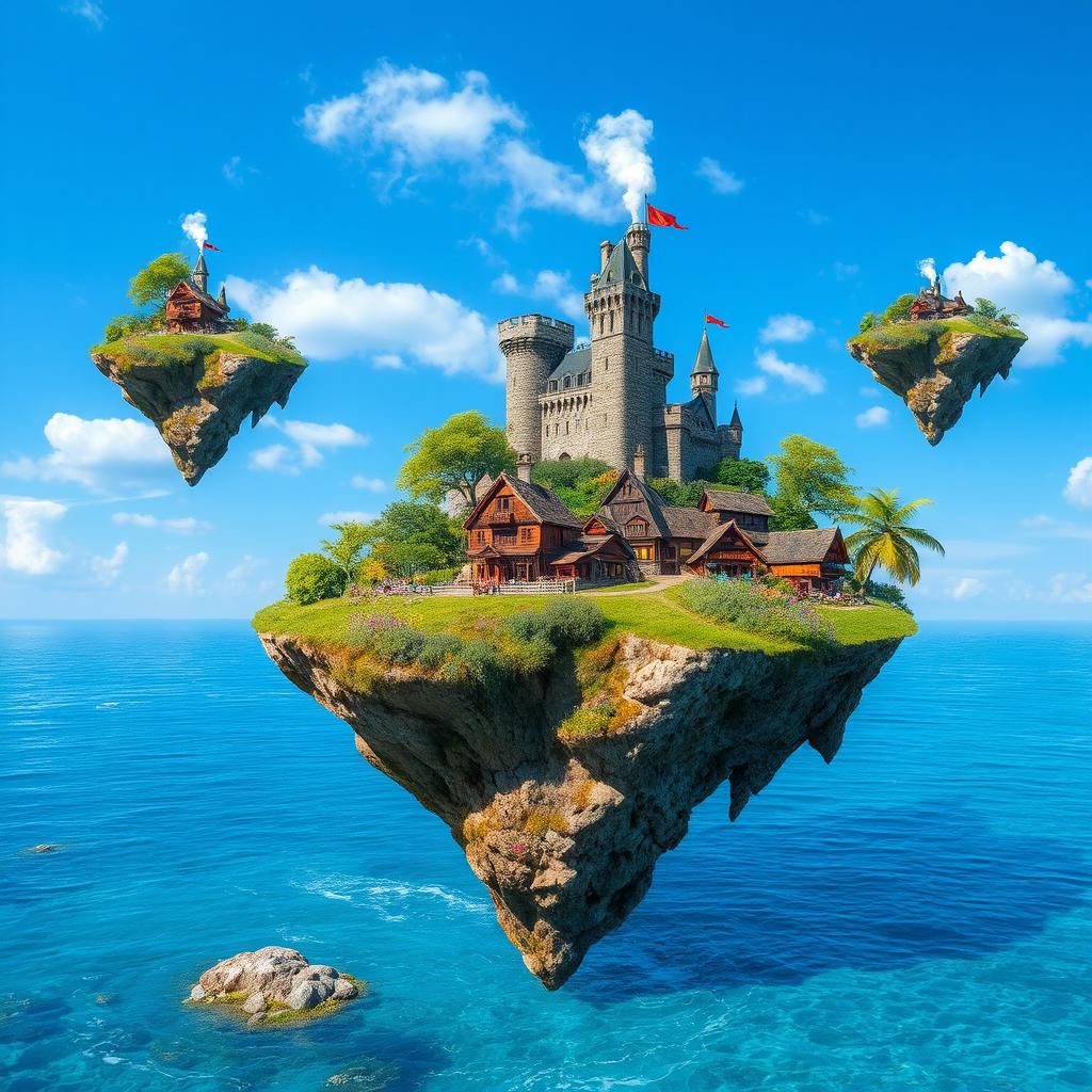 Floating islands in a bright blue sky, each island adorned with lush greenery and colorful flowers
